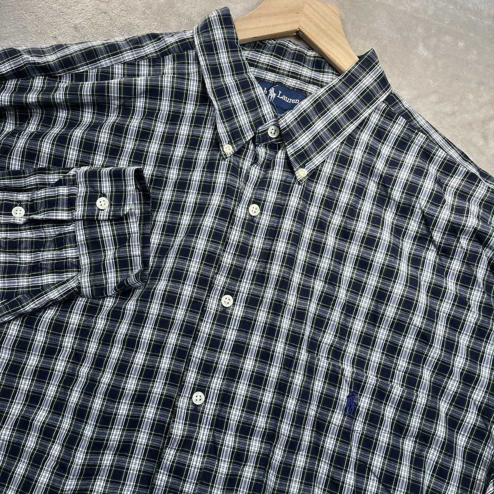 Ralph Lauren Button Down Shirt Mens 2XLTBlue Green Plaid Long Sleeve Cotton Logo